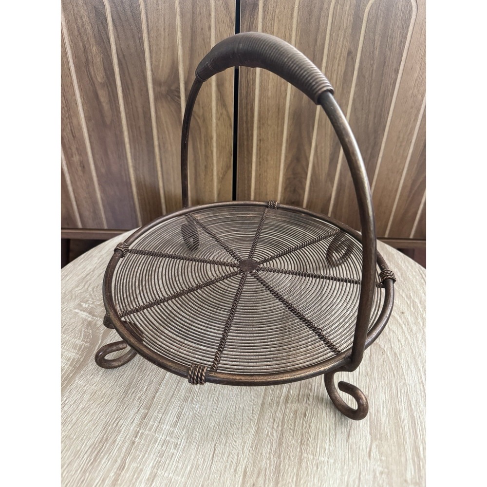 Pier 1 Brown Iron Dessert Stand 12.75" Woven Wire Serving Basket Tray Cake Plate